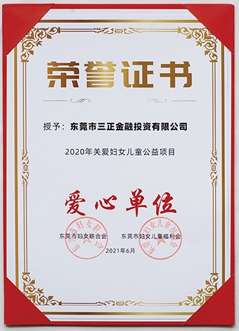 6月3日上午，東莞市婦聯(lián)聯(lián)合市委組織部、市直工委、市婦女兒童福利會共同啟動了2021年東莞市婦女兒童“黨群公益匯”活動。啟動議式上，三正金融投資公司被授予“愛心單位”榮譽(yù)證書。
